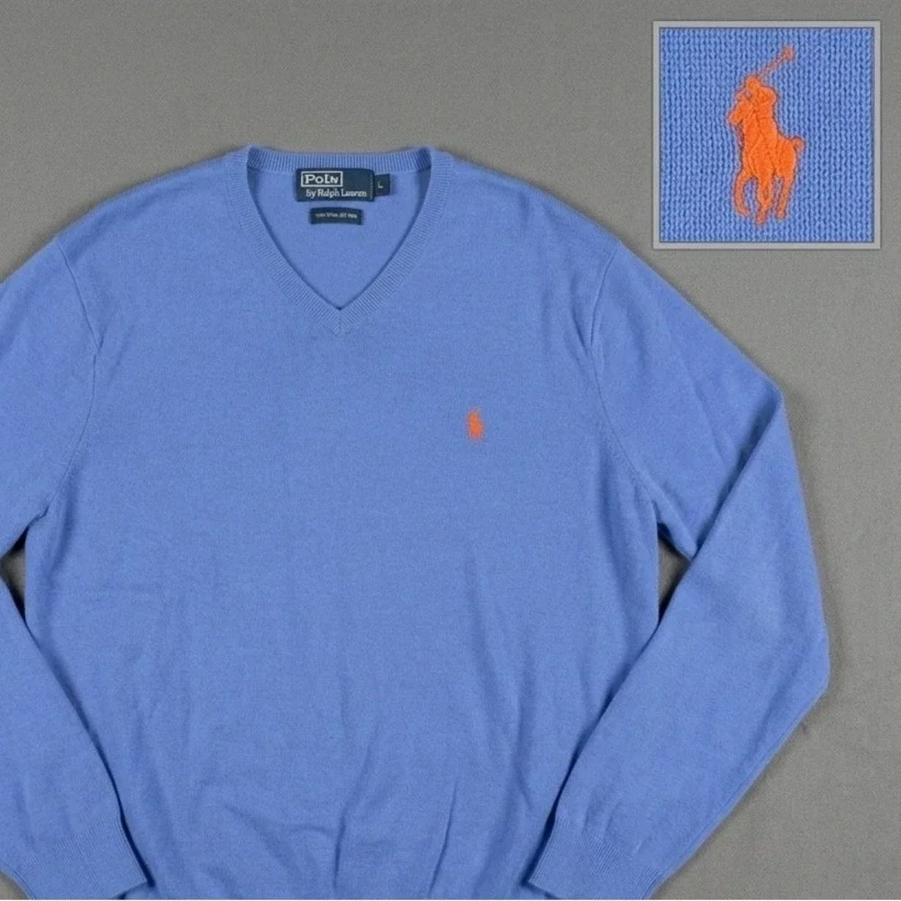 100% Pima Cotton V Neck Polo Ralph Lauren LG Periwinkle Blue Sweater Preppy 90s